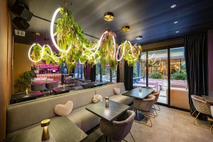 Restaurant interior of baldo restaurant featuring purple walls and a large, stylish hanging light fixture.