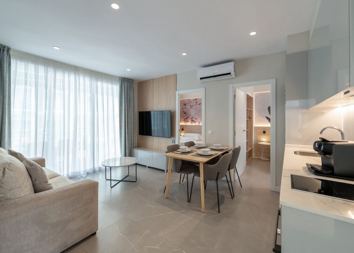 Interior view of a contemporary apartment showcasing a kitchen, living room, and dining space.