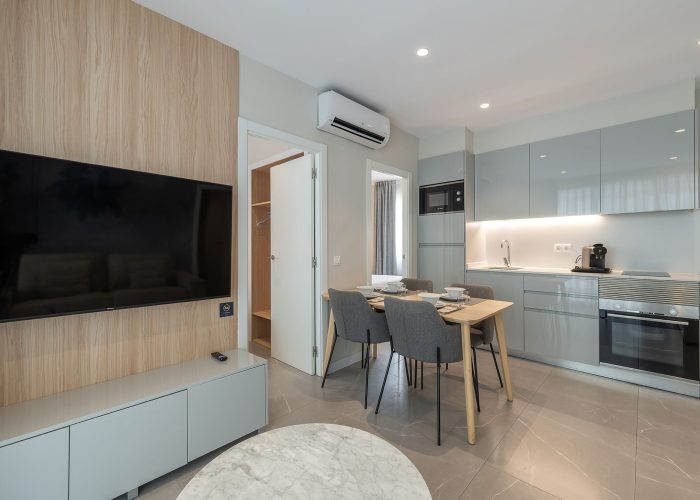 Un moderno apartamento con una elegante cocina, un acogedor salón y un elegante comedor.